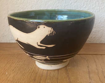 River otter, black and white bowl, ramen bowl, hand thrown, hand decorated bowl, 28 oz