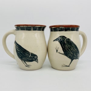 Crow mug, raven mug, 16 oz. belly mug, black strutting crows, coffee mug, hand thrown, hand painted mug