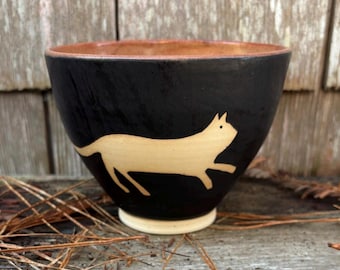 Hand Thrown Stoneware Bowl: Pair of Cats Stencil Design, 16 oz