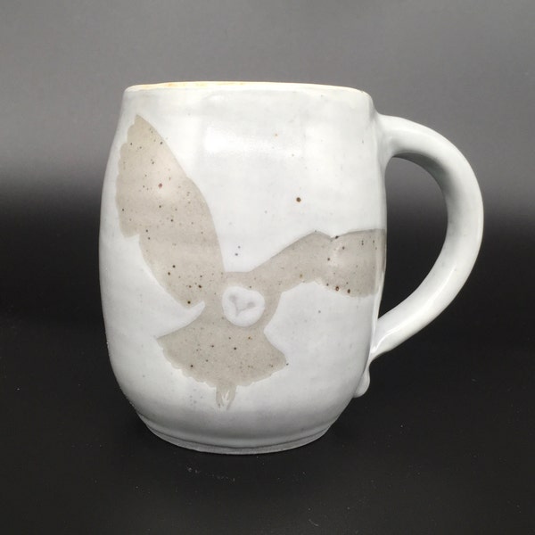 Barn owl mug, owl mug, coffee mug, bird mug, barrel shaped mug, white and grey mug, hand thrown, hand decorated, 18 oz