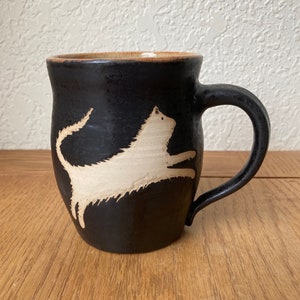 Cat mug, black and white mug, belly mug, hand thrown mug, hand decorated, 16 oz