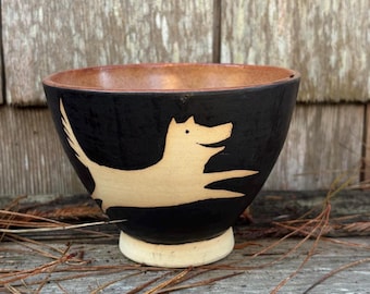 Hand Thrown Stoneware Bowl: playing dogs stencil Design, 16 oz