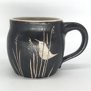 wren mug, black and white, hand thrown, hand decorated, belly mug, 12+ oz