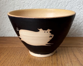 Hand Thrown Stoneware Bowl: running  piglets stencil Design, 16 oz