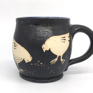 chicken flock mug, hen mug, coffee mug, tea cup, belly mug, black and white mug, hand decorated mug, hand thrown mug,