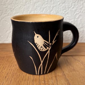 wren mug, black and white, hand thrown, hand decorated, belly mug, 12+ oz