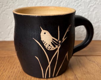 wren mug, black and white, hand thrown, hand decorated, belly mug, 12+ oz