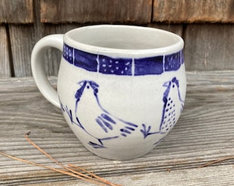 Strutting chickens, blue and white hand painted, hand thrown stoneware mug