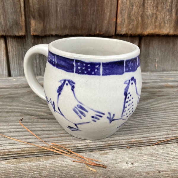 Strutting chickens, blue and white hand painted, hand thrown stoneware mug