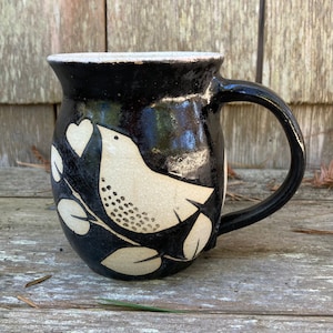 bird mug, black and white, folk art style, gift mug, friendship mug,  hand thrown mug, hand decorated mug