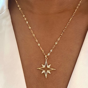 Gold-plated necklace with North Star pendant / Boho gold chain with zirconia stone / gold-plated jewelry chain / gift for girlfriend