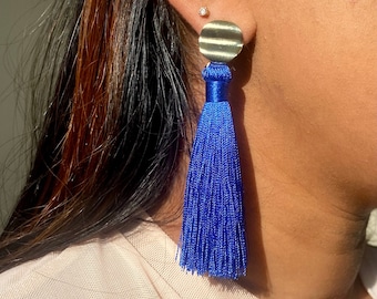 long dark blue tassel earrings / boho fan earrings / long blue hanging earrings / dark blue macrame earrings | Gift for girlfriend