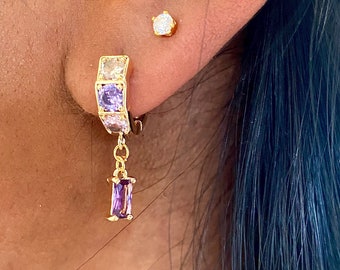 gold-plated huggie hoop earrings with purple stone / zirconia stone jewelry / purple, small earrings / gold-plated boho jewelry / gift for girlfriend