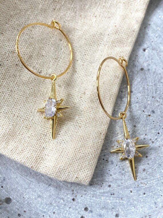 Boucles D'oreilles Créoles Plaqué Or étoile Zirconium - Tata Gisèle - Neuves Avec étiquettes