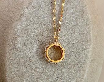 Gold-plated necklace with zirconia ring pendant / Boho gold necklace with zirconia stone / gold-plated jewelry necklace / gift for girlfriend
