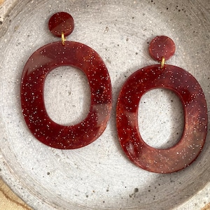 large statement acrylic earrings / dark red glitter earrings / long red drop earrings / plastic earrings / acetate jewelry / gift