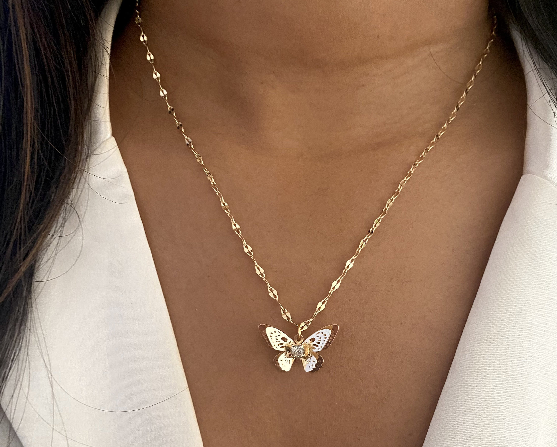 Collier Papillon Plaqué Or Avec Strass - Pendentif 20x14 Mm - Chaîne 45+5 Cm - Cadeau Femme