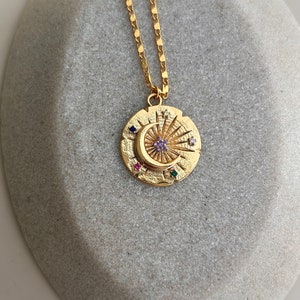 Gold-plated necklace with moon and stars pendant / golden necklace with colorful zirconia stone pendant / statement / gift for girlfriend