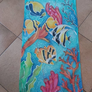 Scarf in 100% hand painted coral fish silk hand paint silk scarf sea bottom gift idea