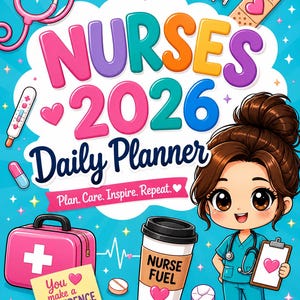 Peut inclure: Un agenda quotidien 2026 sur fond bleu vif avec le texte NURSES 2026 Daily Planner, Plan. Care. Inspire. Repeat., et You make a difference every day!. Les illustrations incluent un stéthoscope, une seringue, un pansement, une trousse médicale, une tasse de café marquée Nurse Fuel et une infirmière dessinée.