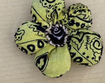 Handmade Hand-Dyed Yellow Bandana Flower with Black Bandana Center