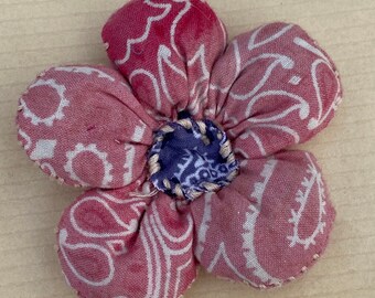 Handmade Vintage Faded Red Bandana Flower with Blue Bandana Center