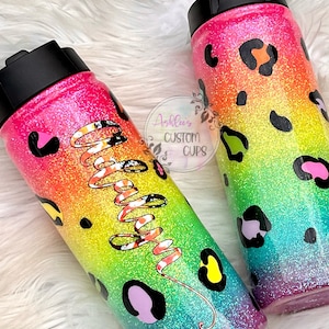 Rainbow leopard print glitter tumbler, Neon tumbler, Ombré glitter cup, Cheetah print mug, Leopard print gift, Birthday gift for girl