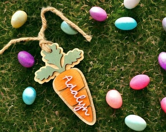 Easter basket tag, Personalized Easter name tag, Basket name tag, Custom Wooden tag, Easter basket stuffer for kids, Carrot tag for Easter