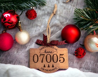 Hometown ornament, custom zip code ornament, engraved Christmas decor, wood town ornament, home for the holidays gift
