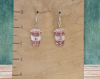 Pink coffee to go cup earrings, Coffee earring, faux glitter accessory, acrylic dangle earring, pink tumbler jewelry, fun sparkly earring