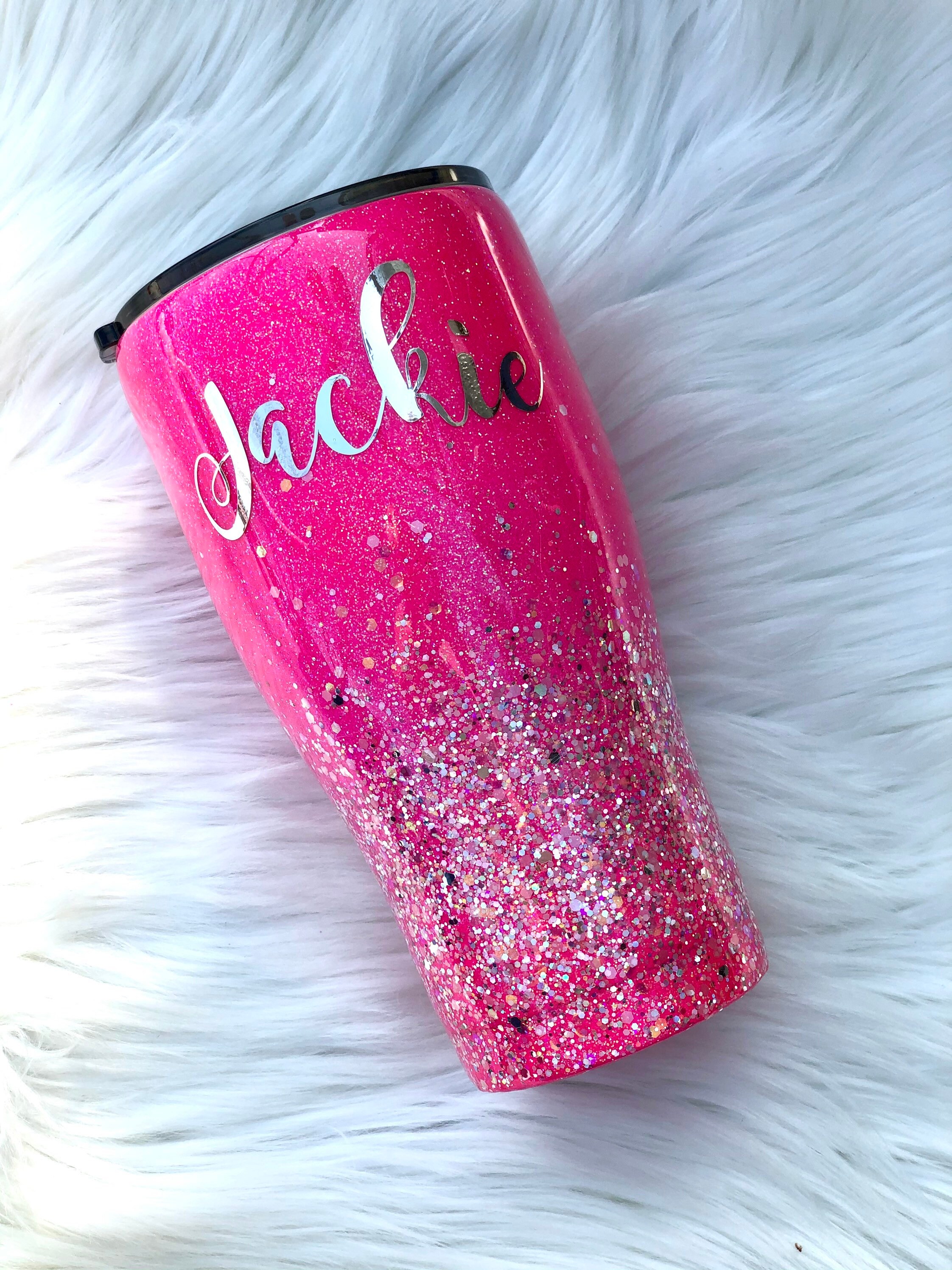 Custom Glitter Tumbler Hot Pink Mug Neon Pink and Silver Etsy