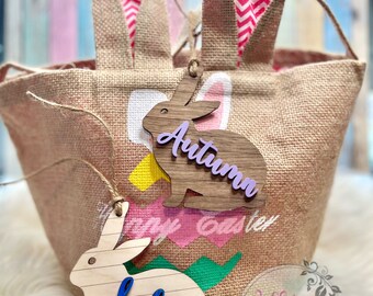 Easter basket tag, Personalized Easter name tag, Custom wood hanging tag, Easter basket for kids, Wood hanging ornament, Bunny easter tag