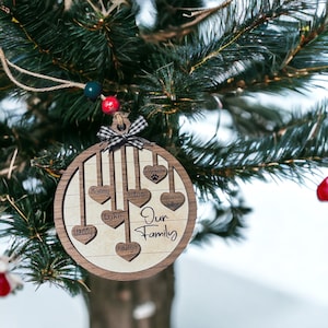 Engraved Family Name Ornament, Personalized ornament, Rustic Christmas, Wood layer name ornament, Hanging heart ornament
