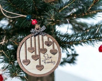 Engraved Family Name Ornament, Personalized ornament, Rustic Christmas, Wood layer name ornament, Hanging heart ornament