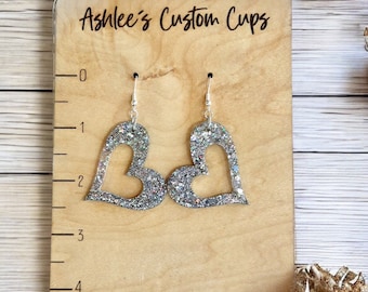 Valentines Day earrings, glitter heart earring, silver sparkle earring, resin dangle earring, valentines jewelry, gift for Valentine’s Day