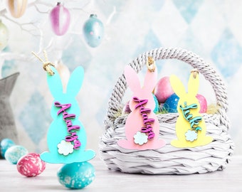 Easter basket tag, Personalized Easter name tag, Custom wood hanging tag, Easter basket for kids, Wood hanging ornament, Bunny easter tag