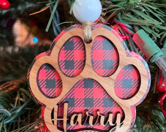 Custom dog paw ornament, Layered dog ornament, 3D wood dog name ornament, Paw print ornament