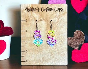 Leopard print earrings, rainbow heart earrings, heart acrylic earring, fun statement jewelry