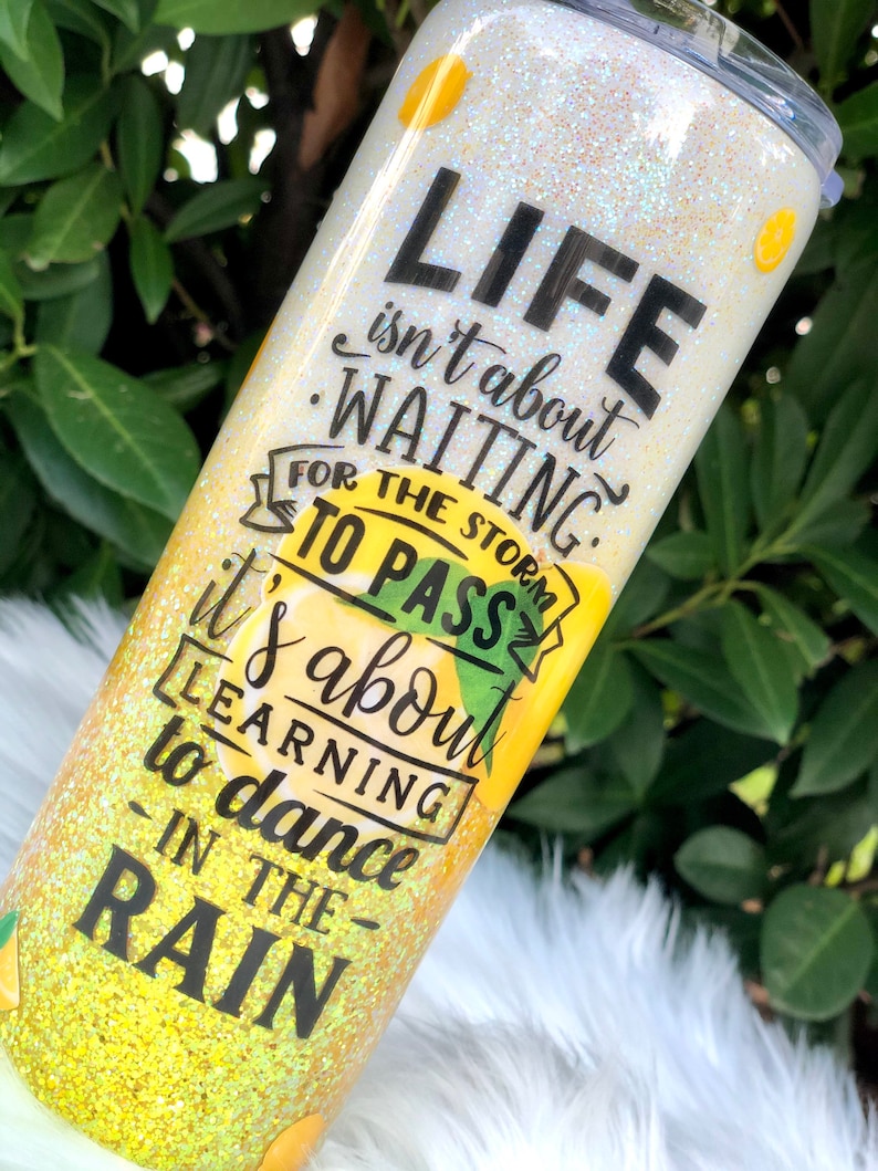 Inspirational Quote Gifts Custom travel mug Tumbler with Lemons Personalized tumbler Lemon Yellow Glitter Tumbler