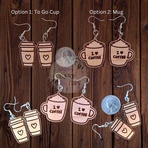 Coffee earrings, Coffee accessories, Coffee cup jewelry, coffee lover gift, Wooden dangle earrings, Engraved to go cup, Statement jewelry