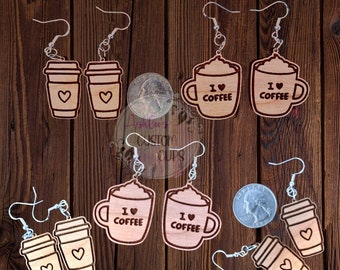 Coffee earrings, Coffee accessories, Coffee cup jewelry, coffee lover gift, Wooden dangle earrings, Engraved to go cup, Statement jewelry