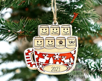 Personalized wood ornament, Family name ornament, Marshmallow family, Family Christmas gift, Custom engraved ornament