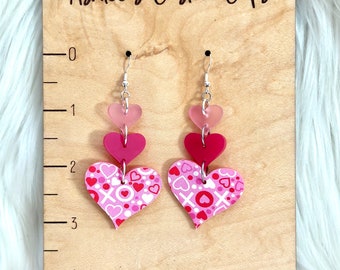 Valentines Day earrings, acrylic heart earrings, pink stacked heart earring, valentines jewelry, gift for Valentine’s Day,  dangle earrings