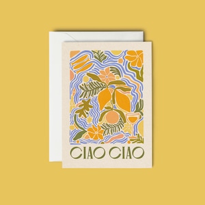 May include: A greeting card with a colorful abstract design featuring lemons, flowers, and waves. The text "Ciao Ciao" is printed in green at the bottom of the card.