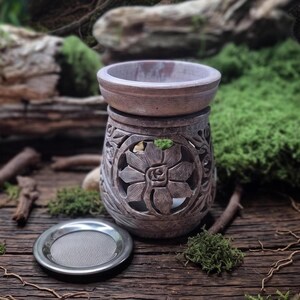 2-in-1 Speckstein Räuchergefäß "Große Blume " – Stövchen mit Sieb & Schale | Handgeschnitztes Weihrauch-Brenner und Aromalampe
