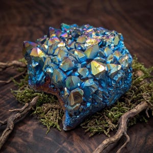 Könnte beinhalten: Eine Ansammlung von irisierenden, blau und goldfarben titanbeschichteten Quarzkristallen. Die Mineralformation weist zahlreiche scharfe, spitze Facetten mit einem metallischen, regenbogenartigen Glanz auf, der das Licht auf der Struktur reflektiert.
