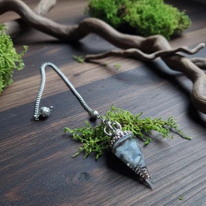 Könnte beinhalten: Ein Pendel mit einer silbernen Kette und einem tropfenförmigen Kristall. Der Kristall ist grau und weiß, mit einer silbernen kronenartigen Kappe. Das Pendel liegt auf grünem Moos, mit Holzästen im Hintergrund.