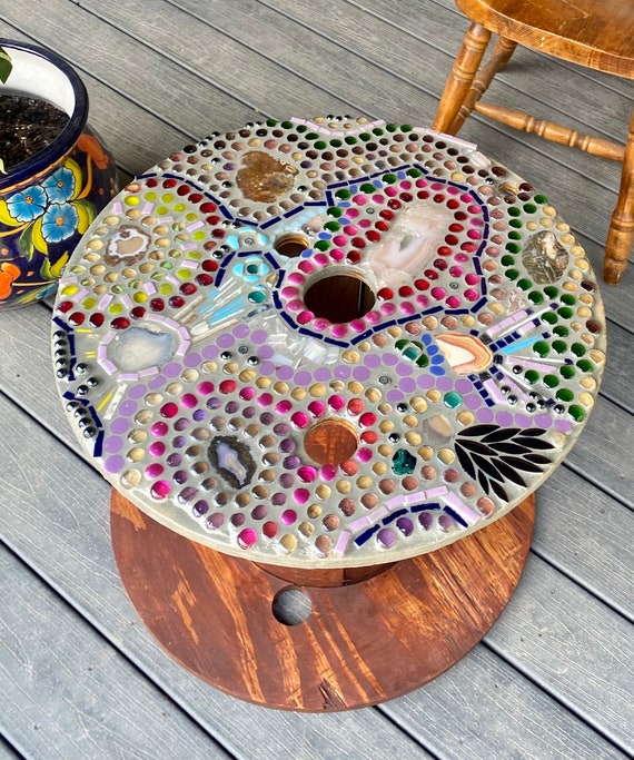 Made to Order Tables & Stools: Handmade Mosaic on Wooden Cable