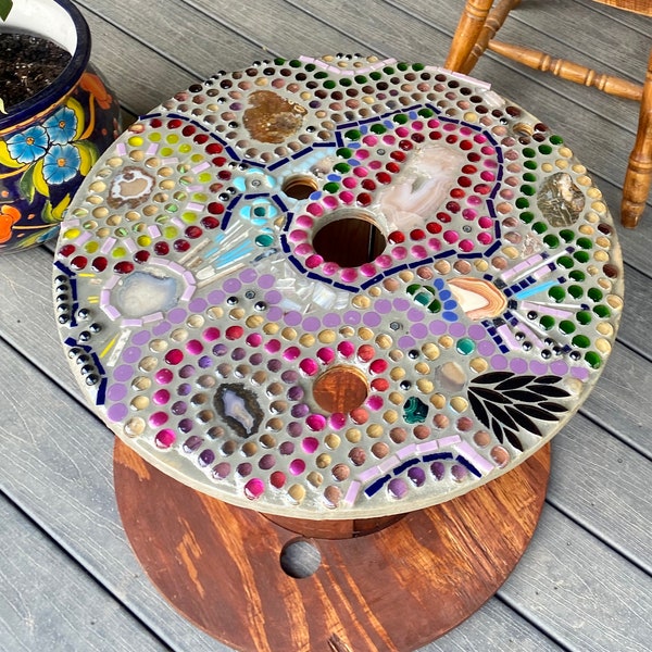 Made To Order Tables & Stools: Handmade Mosaic on Wooden Cable Spool - Epoxy Finish
