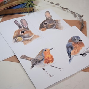 Ensemble aquarelle réaliste de cartes (4 cartes) Cartes vierges/cartes de voeux pour les amoureux des animaux 4,5 x 15 cm